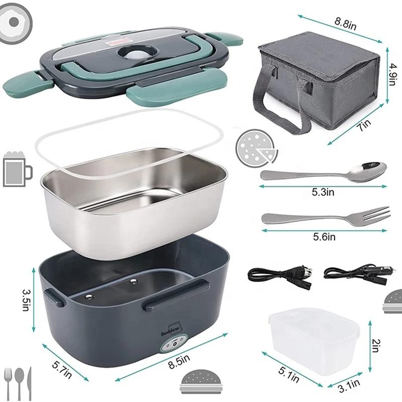 Elektrische Lunchbox 80W Draagbare Verwarmde Lunchbox Volwassenen Bevat 2 Roestvrijstalen Containers Auto Vrachtwagen Werkgebruik Lekvrij Voedsel gray