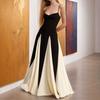 Neues französisches Colorblock Bodycon Spaghettiträgerkleid, Hoher Hals Taillenraffer Fließendes Maxikleid, Elegantes Party-Damenkleid