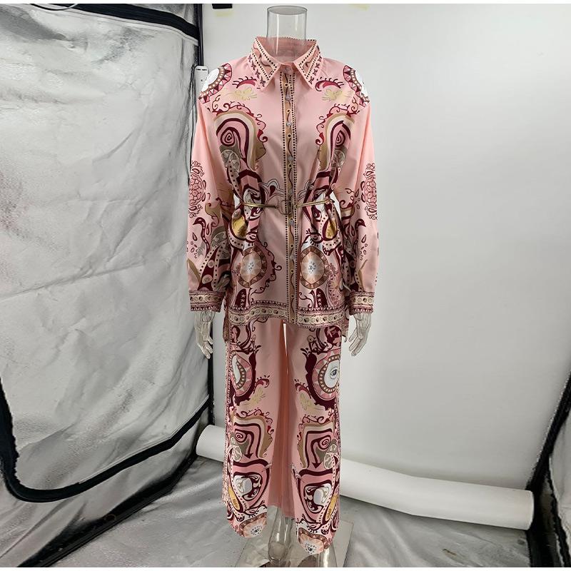 Women's Fashion Graffiti Print Lapel Shirt Trousers Two-piece Suit Summer Retro High Street Lady Elegant Suit