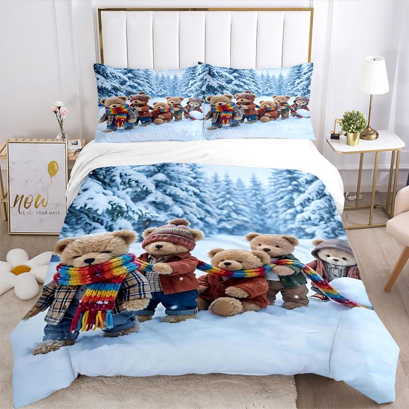 3pcs Winter Wonderland Teddy Bear Bedding Set - Includes One Quilt Cover and Two Pillowcases (No Core) - Festive Gift for Bedroom Decor - Po