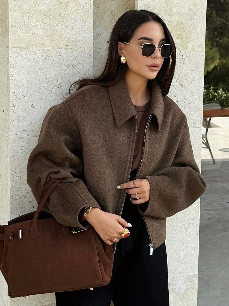 Modische braune Wolljacke mit Reißverschluss für Damen, elegantem Revers, langen Ärmeln, kurzen Mänteln, weiblich, Vintage, Herbst, Damen-Street-Oberbekleidung