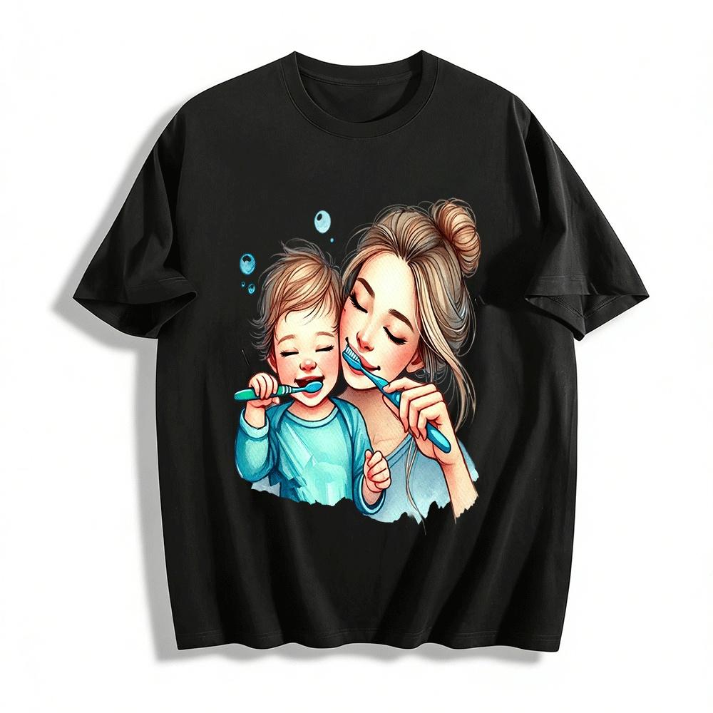

Warm Parent-Child Toothbrushing Print Casual Top For Adults & Kids Pure cotton T-shirt XXS