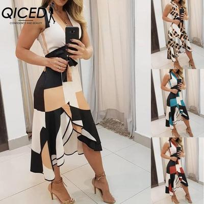 New Fashion Women Sleeveless V-Neck Colorful Print Tank Dress