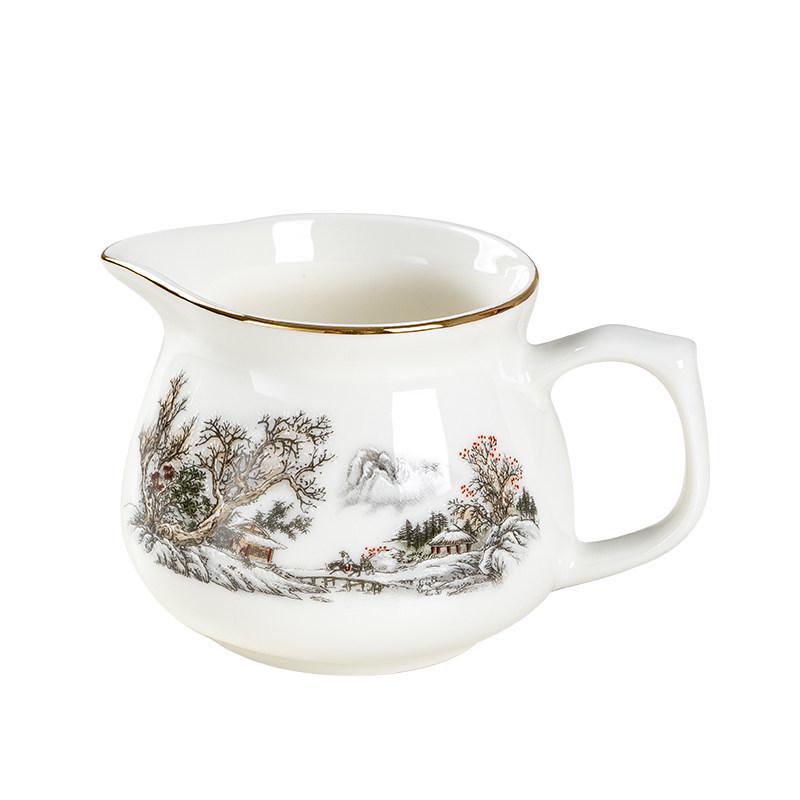 White Porcelain Tea Set: 270ml Pitcher, 190ml Fairness Cup, Milk Pitcher, and Blue & White Landscape Divider.