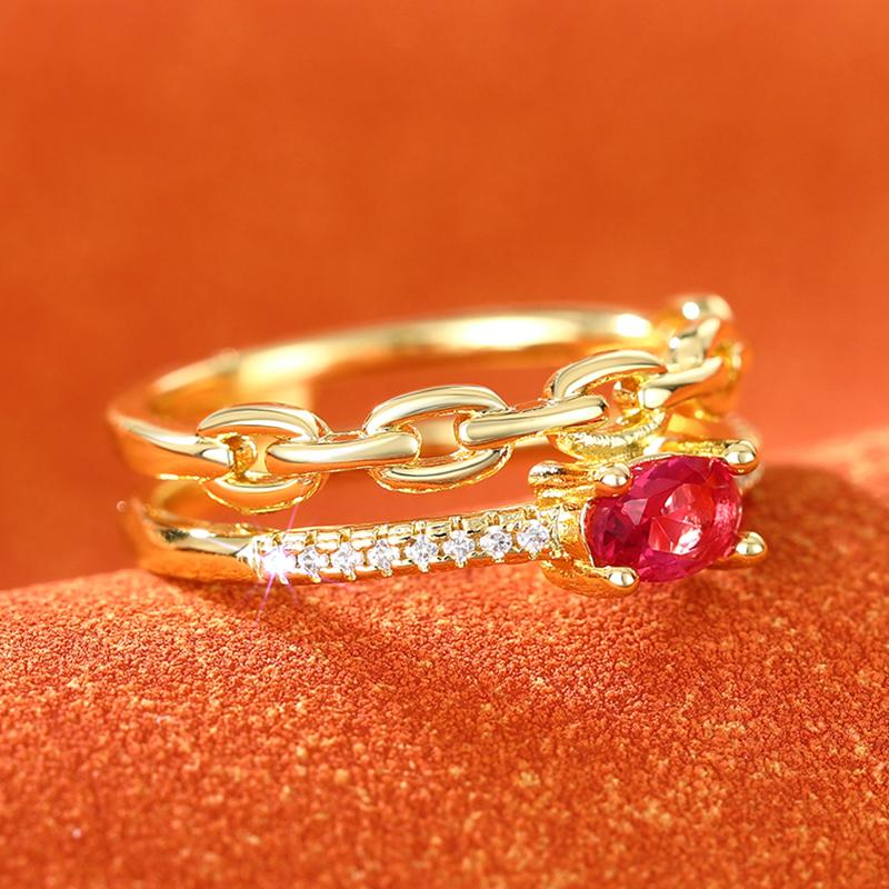 Huitan Newly Designed Red Cubic Zirconia Women Rings Statement Chain Design Gold Color Female Rings for Wedding Party Jewelry