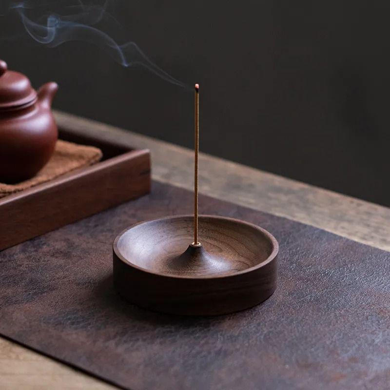 North American Black Walnut Round Solid Wood Incense Holder for Tea Ceremony, Handmade Agarwood Burner Base Tray
