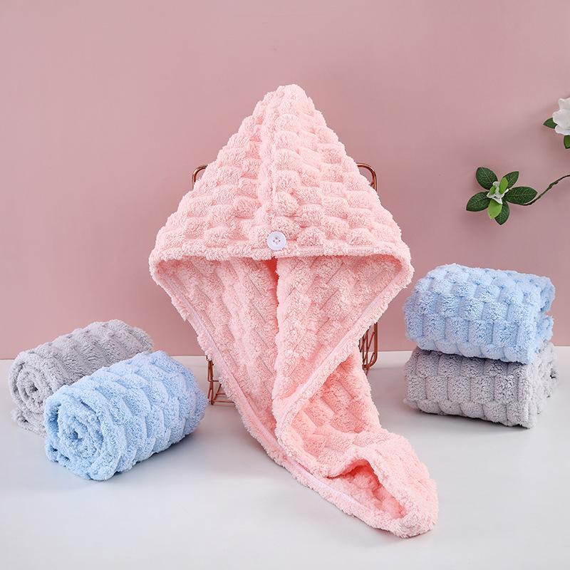 1Pc Coral Fleece Hair Drying Turban With Button Absorbent Soft Fast Drying For Wet Hair After Shower Home Use