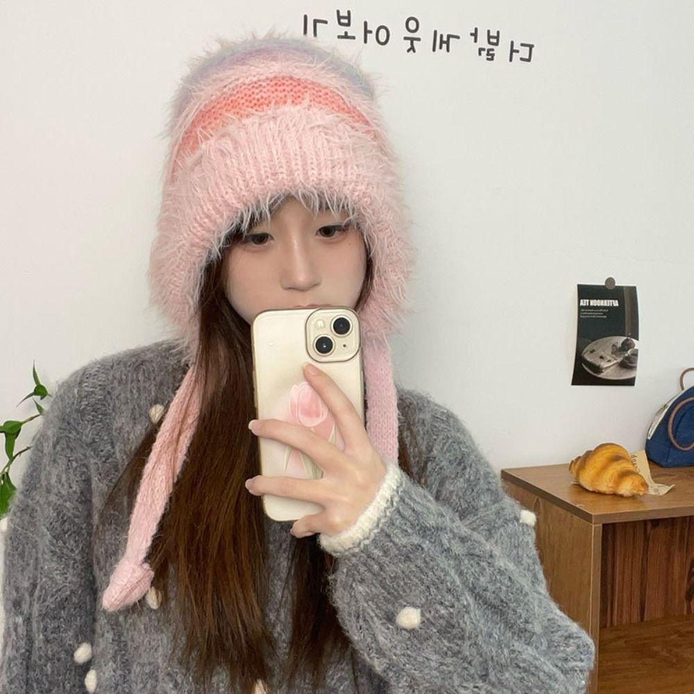 New Design Y2k Handbag-hat Hand-crocheted Pullover Beanie Hat Winter Striped Drawstring Hat  Women