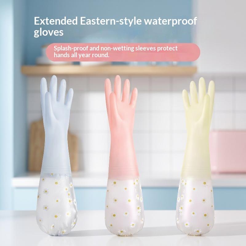 Floral Pattern Household Latex Waterproof Cleaning Gloves Kitchen Dishwashing Laundry Wear Resistant Rubber Housework