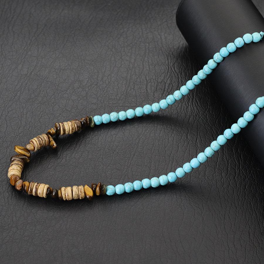 New Handmade 20 Inch Short Necklace With Natural Coconut Beads Wood Pendant For Men Natural Tiger Eyes Blue Howlite Stone Collar