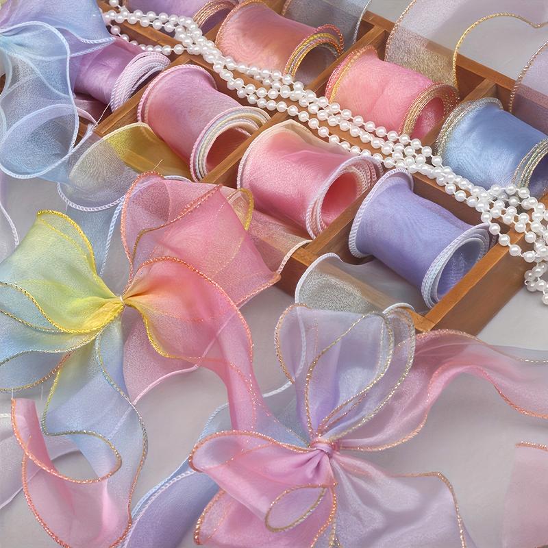 4cm X 10Yards/Roll Wrapping Ribbon Bouquet Packaging Sewing Accessories Party Colorful Gradient Hair Accessory Making Multi-Color
