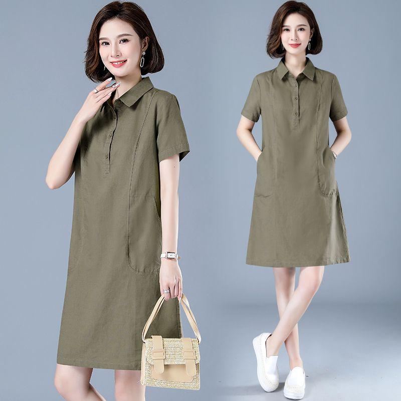 Women's Summer Cotton & Linen Slimming Shirt Dress Set - Short Sleeve, Straight Skirt, Lapel Design, 2025 Collection