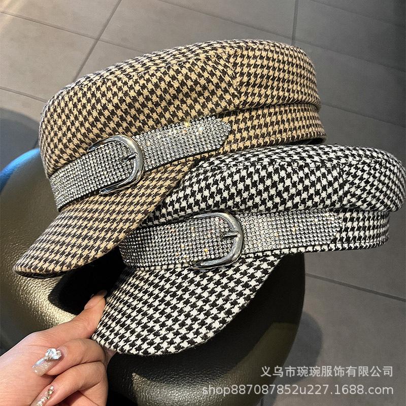 Autumn and winter versatile retro British style checkerboard flat top hat women's new rhinestone with newsboy hat