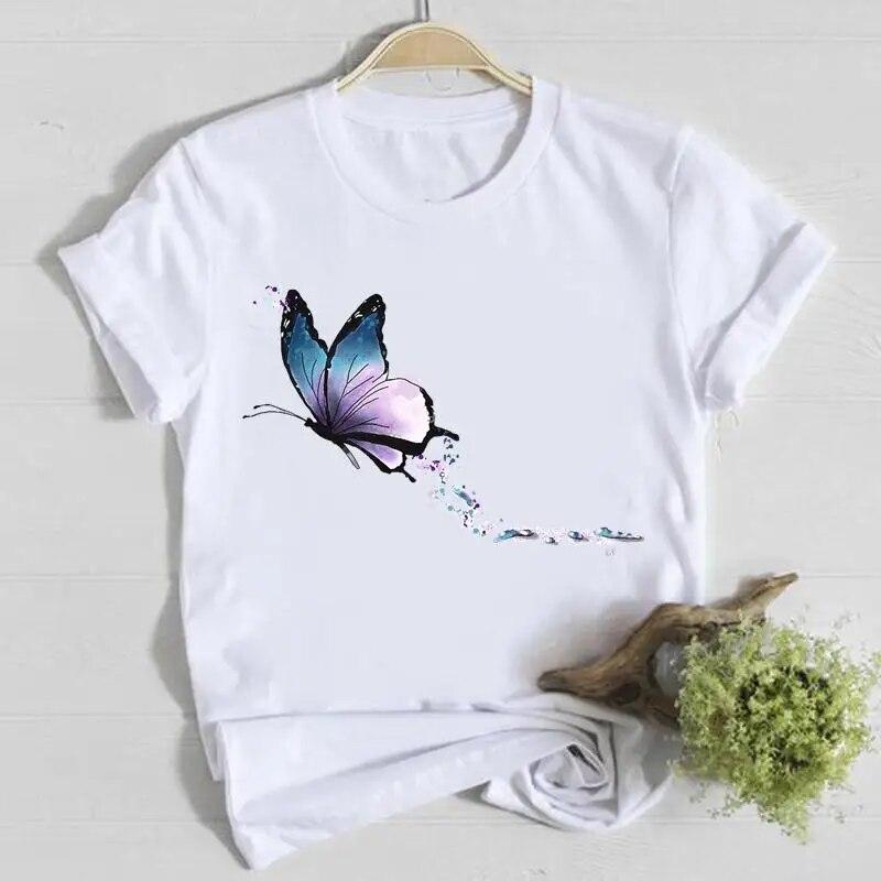 Butterfly Cute Sweet Lovely Casual Tee Top Short Sleeve Shirt Lady Clothes Fashion Tshirt Summer Female T Women Graphic T-shirts