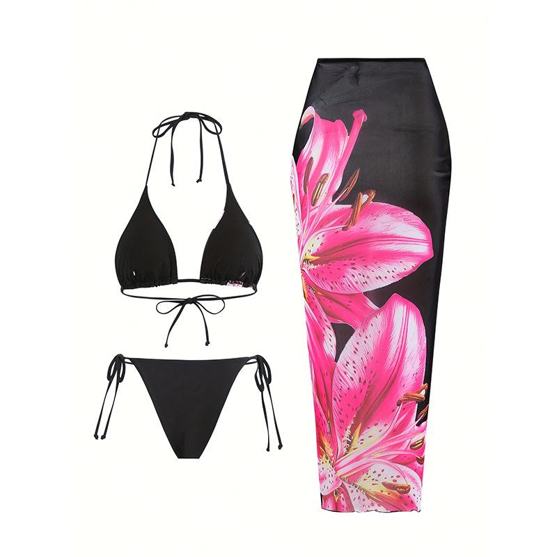 European & American Print Bikini Set with Slimming Wrap Skirt - Women's 3-Piece Beachwear 2025