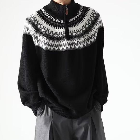 

Men s Retro Jacquard Knitwear: Versatile Half-High Collar Zip Sweater 2XL чорний