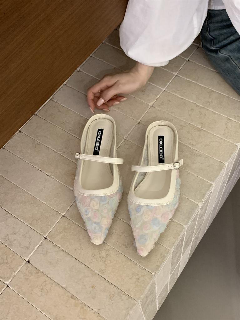 Gentle Wind Mary Jane Baotou Slippers Women'S One-Word Button Pointed Versatile Half Slippers Summer