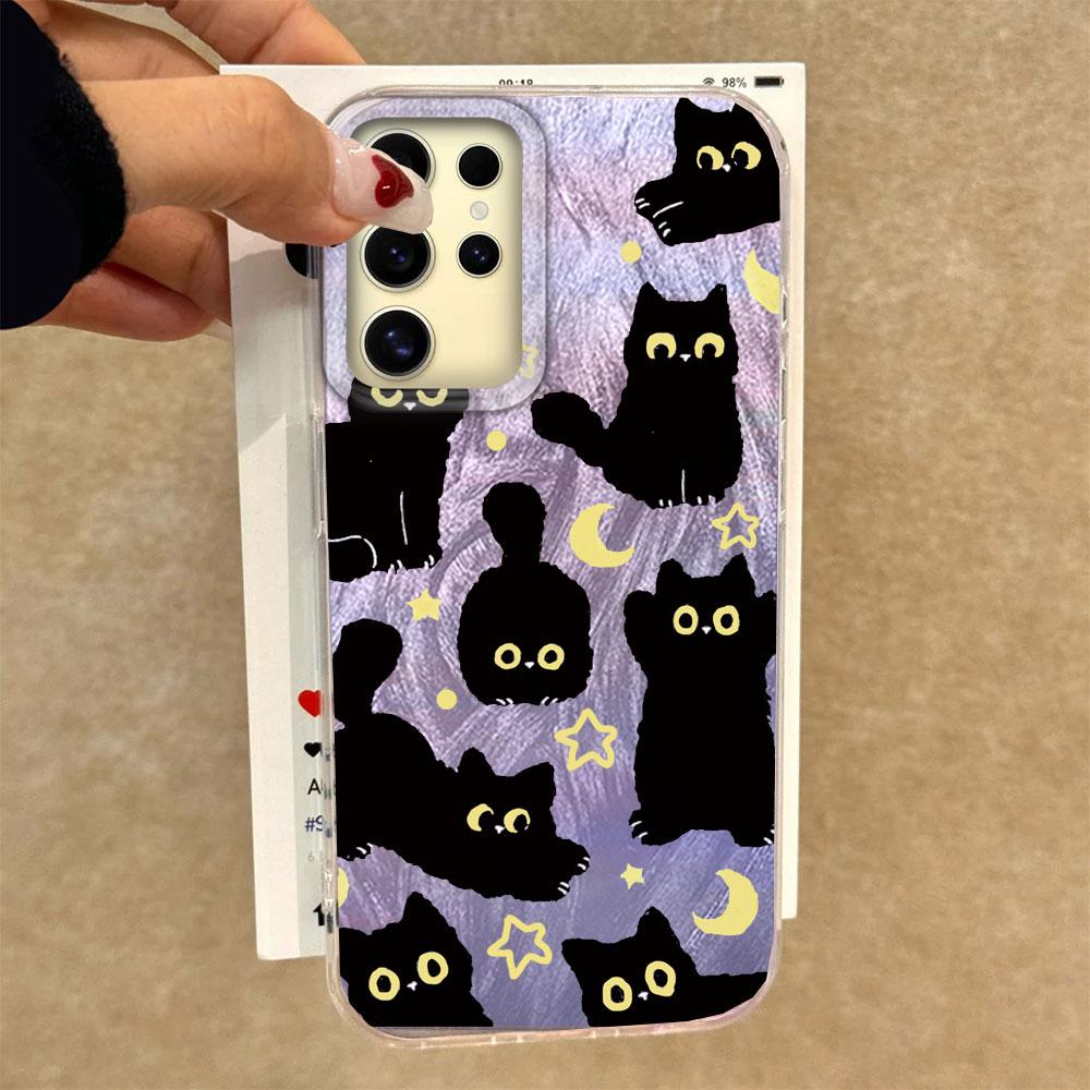 Cute Moon Black Cat Phone Case for Samsung Galaxy S25 S24 S23 S22 S21 FE Plus Ultra S25+ S24+ Back Silicone Shell Soft TPU Cover