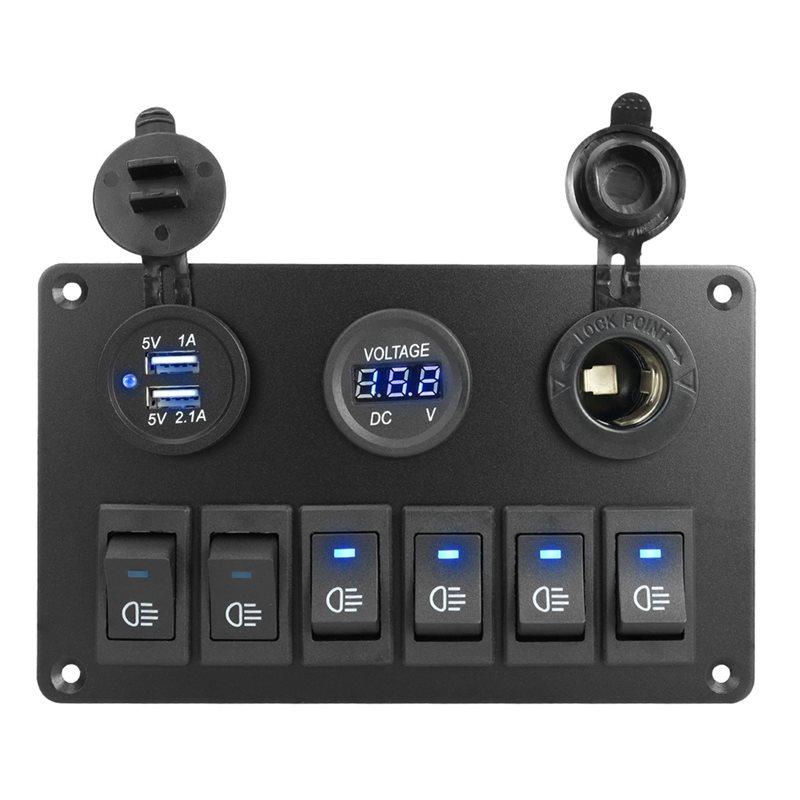 Versatile LED Digital Voltmeter 6 Gang Rocker Switch Panel Waterproof Car Marine Circuit Breaker Dual USB Port On/OFF DC 12V
