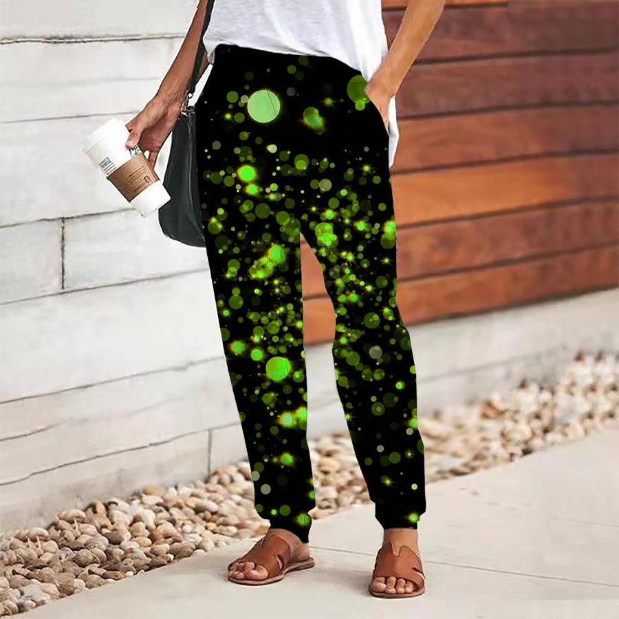 Women Glitter Printing Pants Lace Up Elastic Waist Loose  Trousers Casual Long Pants Trousers with Pockets