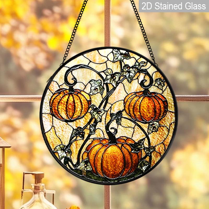 2D Vlak Glas-in-lood Herfst Pompoen Raamdecoratie, 6,3/7,87 Inch Kleurrijk Glasplaat met Ketting, Charmante Herfst Zonenvanger Huisdecoratie, Uniek