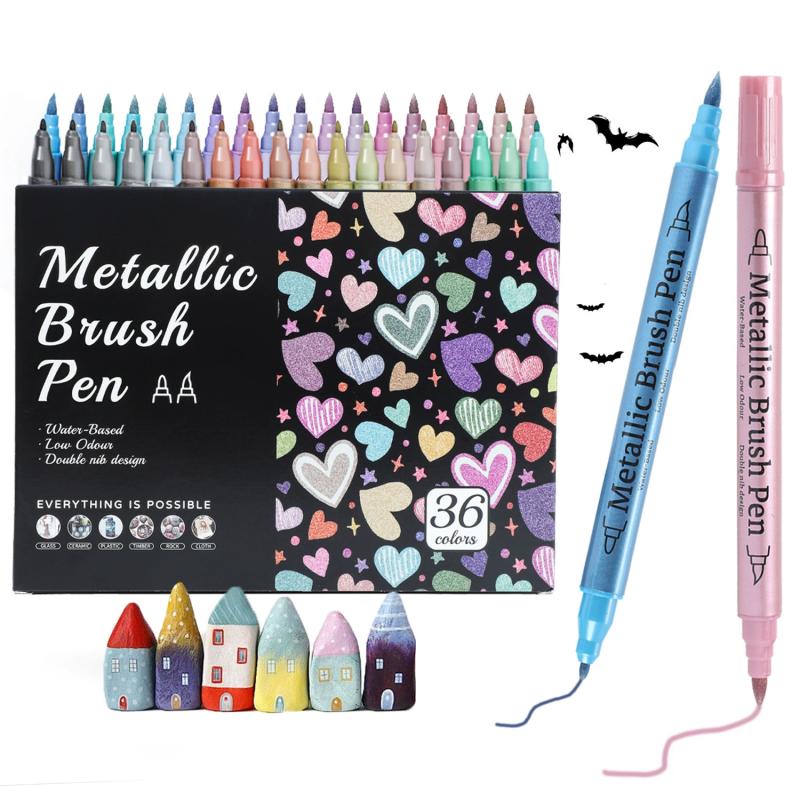 Dual Tip Metallic Colors Acrylic Art Markers Pens Set for Artist Rock Painting,Glass,Ceramic Fabric DIY Card Making Art Supplies