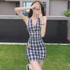 Women's Summer Grid Halter Neck Sleeveless Backless Bodycon Dress