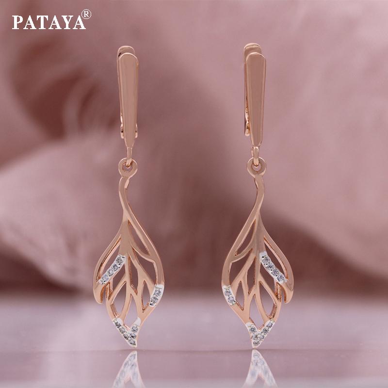 

PATAYA Цвет розового золота и белое покрытие Искусственный циркон в форме листьев Милые серьги