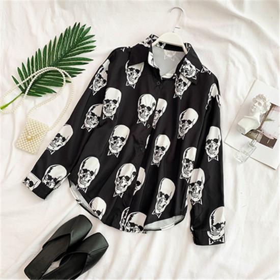 

Блузки Харадзюку Женская мода Блузка с принтом черепа Большого размера Шифоновые блузки Повседневные топы Осень 2025 M чёрный