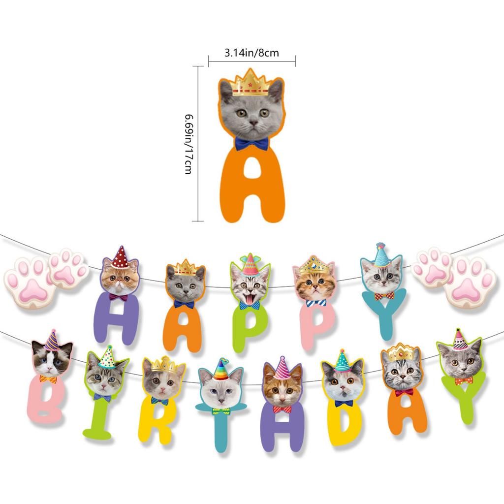 Cat Themed Birthday Banner - Cat Face and Paw Print Happy Birthday Decor, for Boys, Girls, Kids, Adults and Pets