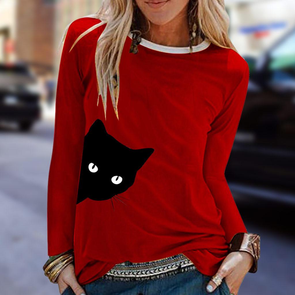 Womens Casual Cat Print Shirts  Long Sleeve Top Loose T-Shirt Blouse