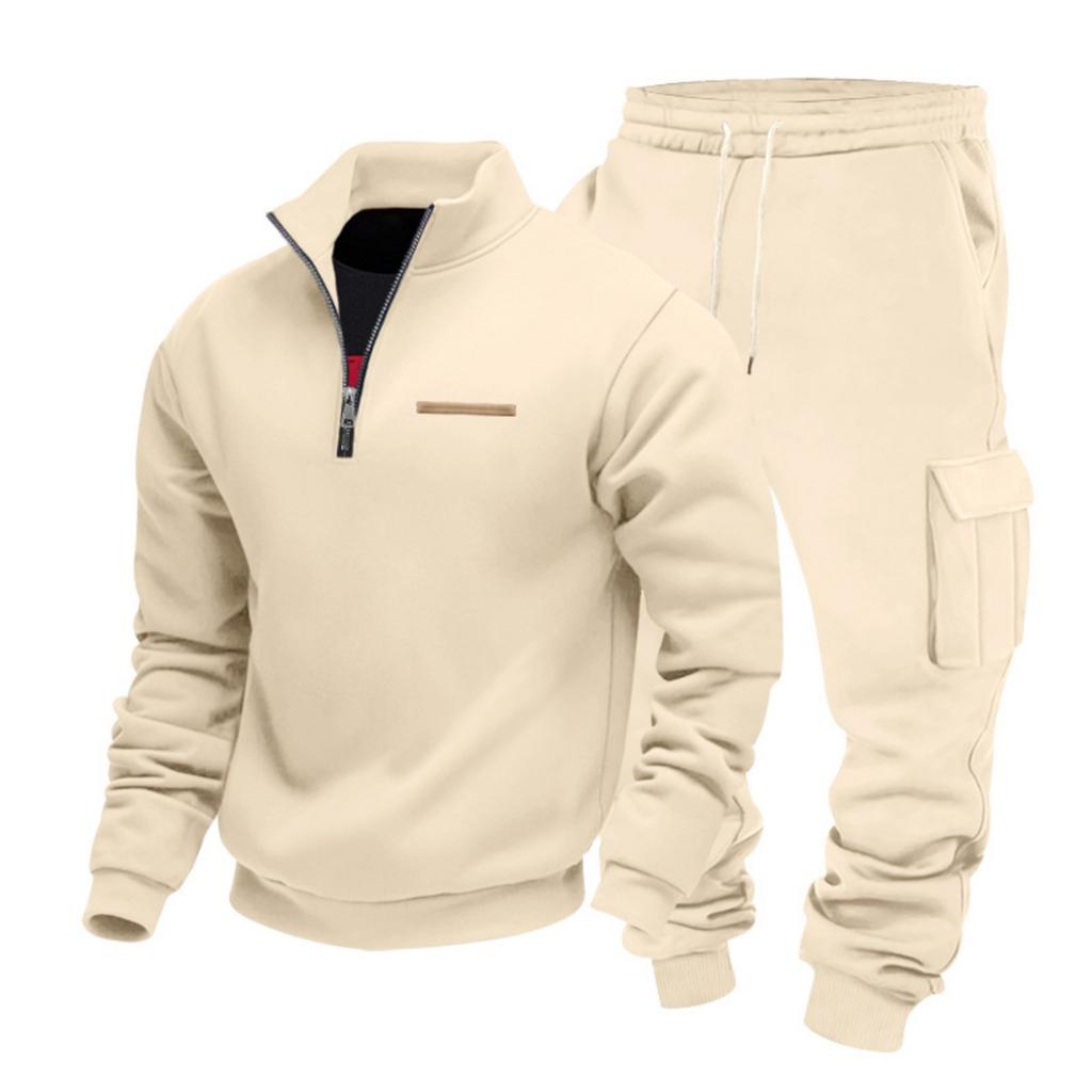 Men's Winter Fleece Multi Pocket Zipper Sweatshirt 2 Piece Set Personalized Sweatpants