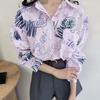Drawing Print Stripe Loose Fit Shirt Blouse for Women