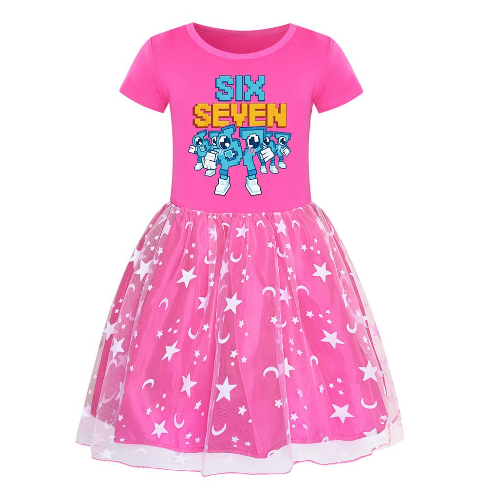 5195 Kids Girls Steal a Brainrot 67 Six Seven Print Mesh Rainbow Round Neck Casual Casual Cotton Dress