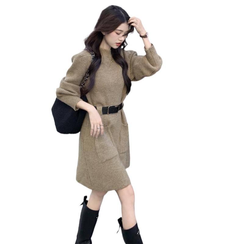 Chic Korean Style Knitted Sweater Dress for Autumn & Winter - Slimming Waist, Thick Base Layer