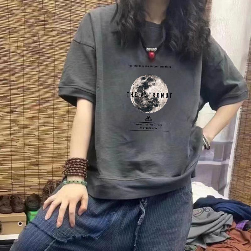 

Women s 100% Cotton Casual Print Half Sleeve T-Shirt - Loose, Slimming Design, Plus Size, Trendy S (Under 85 Jin) темно-серого