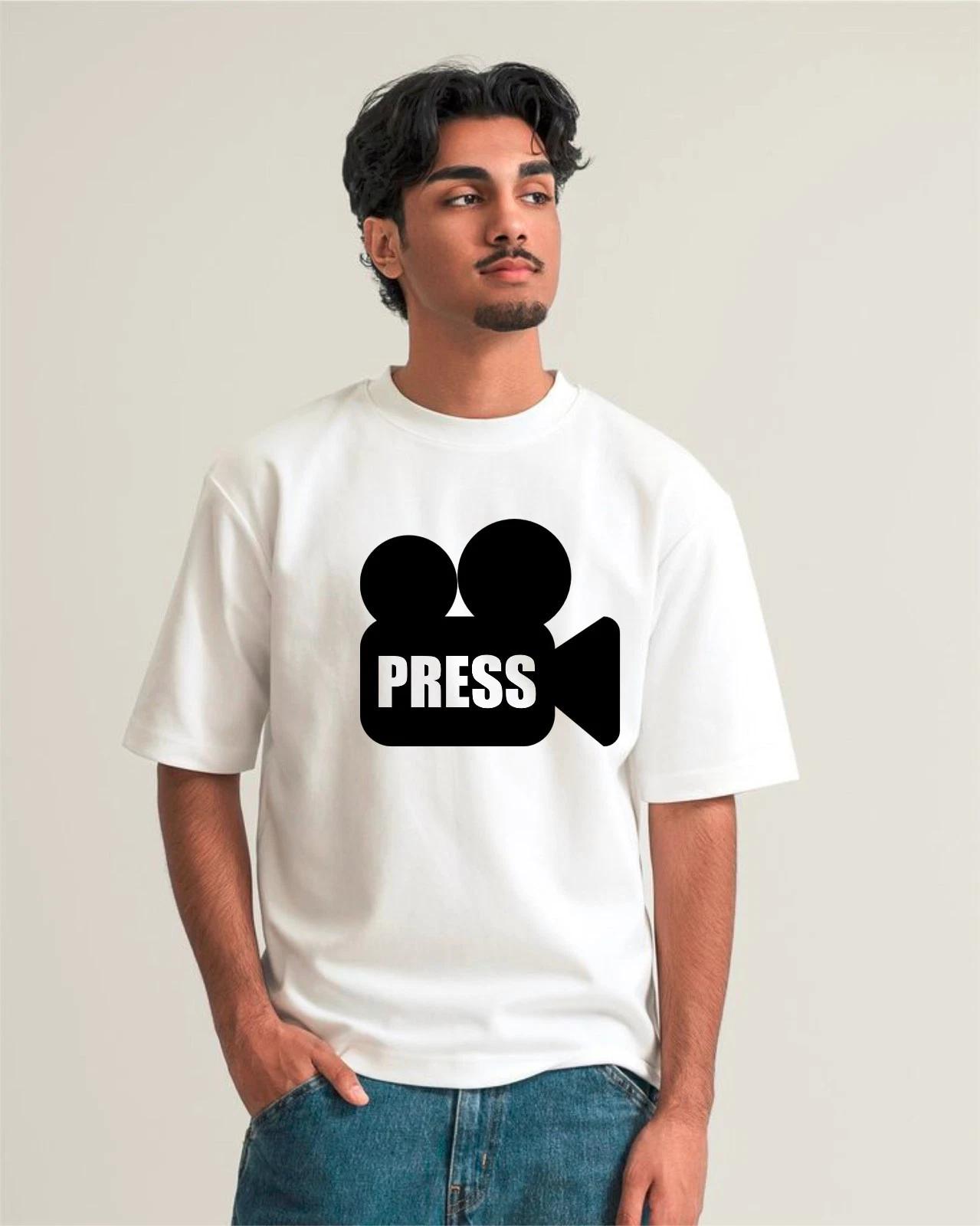Press T-Shirt, Movie Camera Graphic Logo Journalist Media Videographer News Tee 4XL