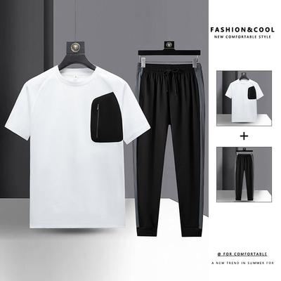 Sommer Casual Kurzarm Lange Hosen Set für Herren, Vielseitig, Gutaussehend, Locker geschnitten, Übergröße Sport Zweiteiler