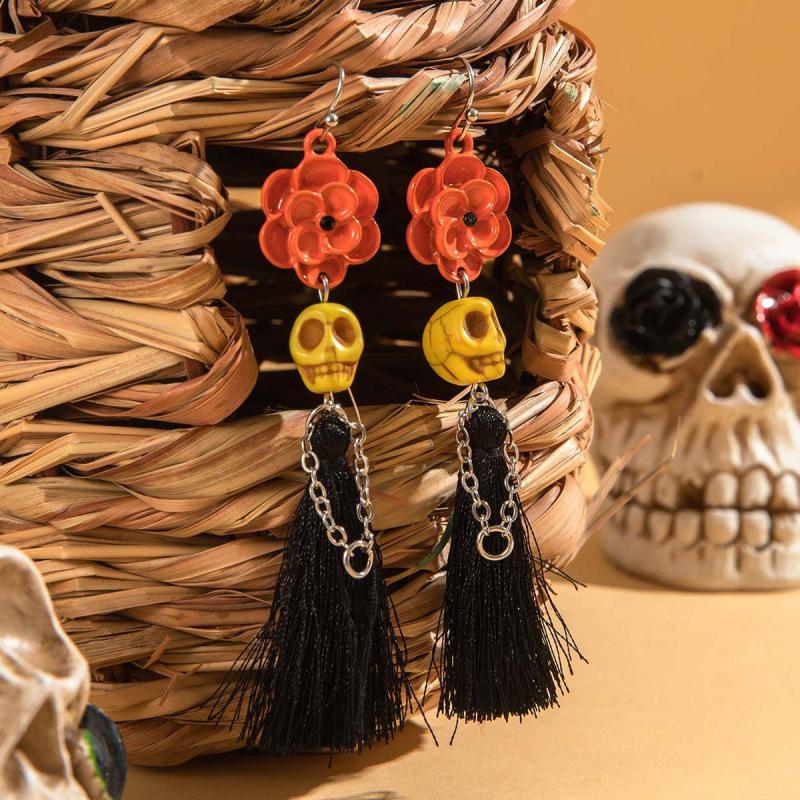 Halloween, Divertenti Divertenti Orecchini con Tassel Teschio Perline di Riso Creativi Orecchini a Rosa