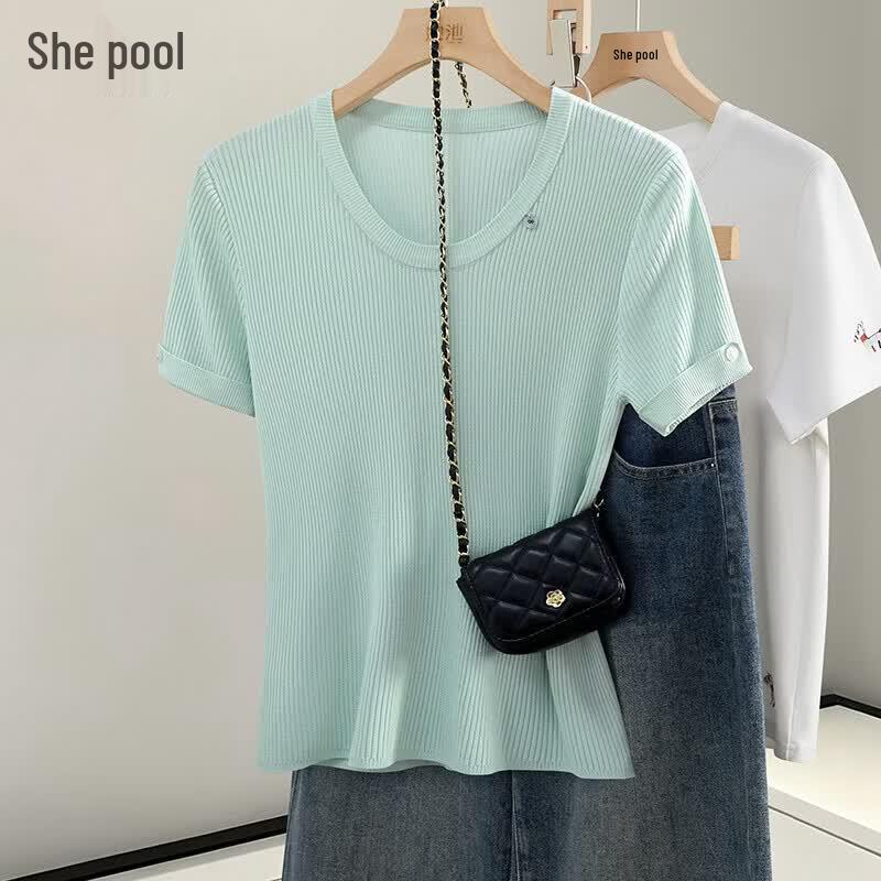 Women s Ice Silk Round Neck Short Sleeve Knit T-Shirt One Size
