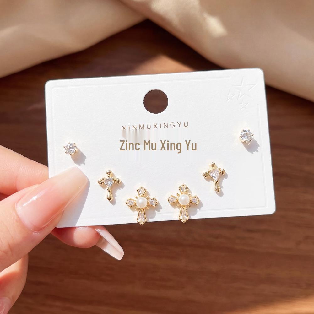 Elegant Rhinestone & Pearl Cross Stud Earrings Set for Women - Three-Piece Luxurious Accessory Collection Three Pairs*Thick Genuine Gold Plating