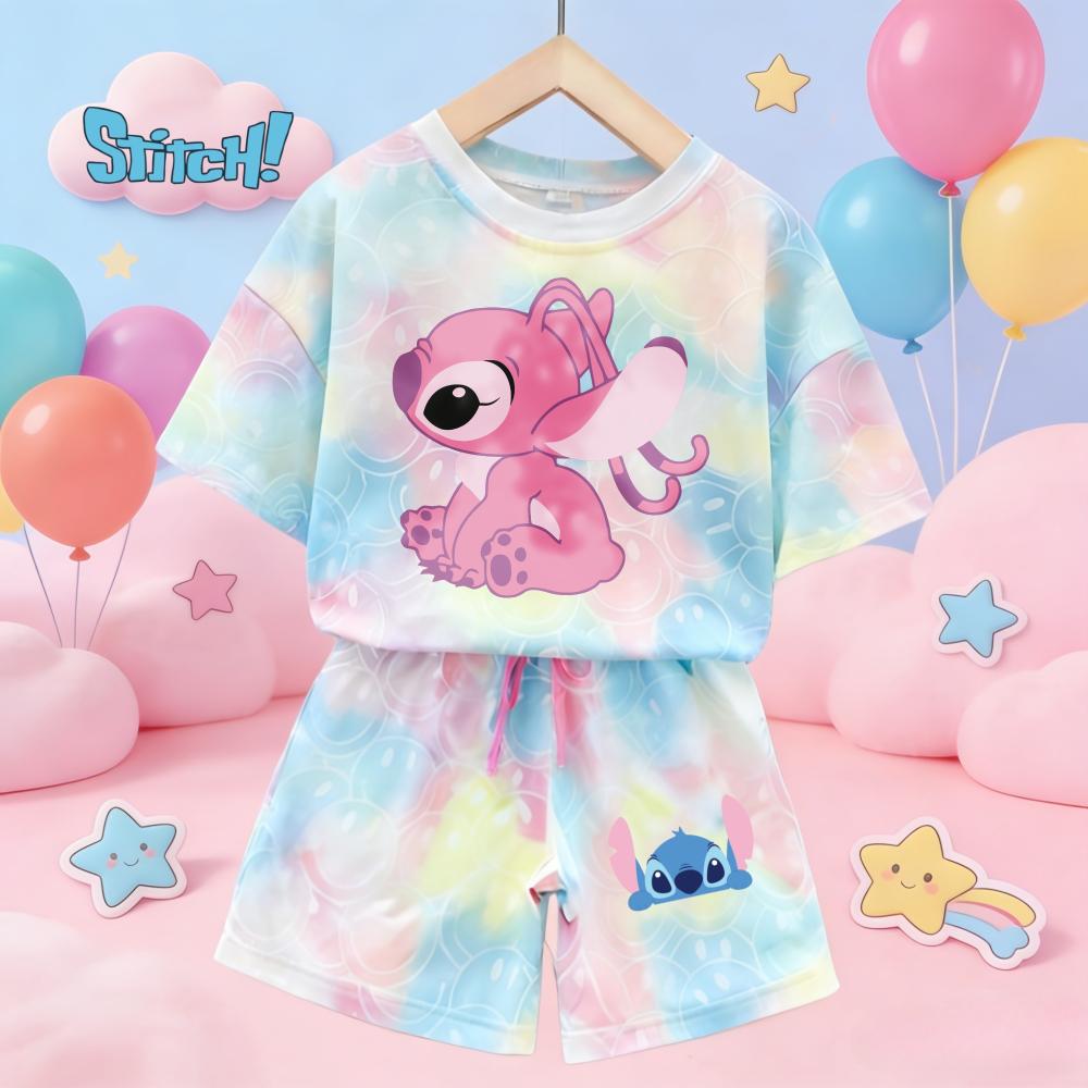 Cute Stitch Print Tie-dye Smile Tees Girl Summer pajamas Kawaii Smile Face Short Sleeve Outfits Short Sleeve T-Shirt and Shorts