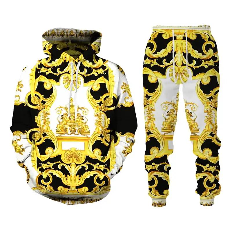 Fashion Luxury Golden Pattern Men Hoodie Sets 3D Print Sweatshirt Hooded Sweatshirt Oversize Sportswear Trousers Suit  Clothing