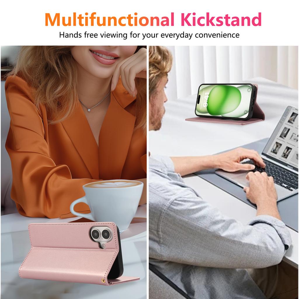 For iPhone 16 Case RFID Blocking Wallet Stand Rhombus Leather Phone Cover with Wrist Strap