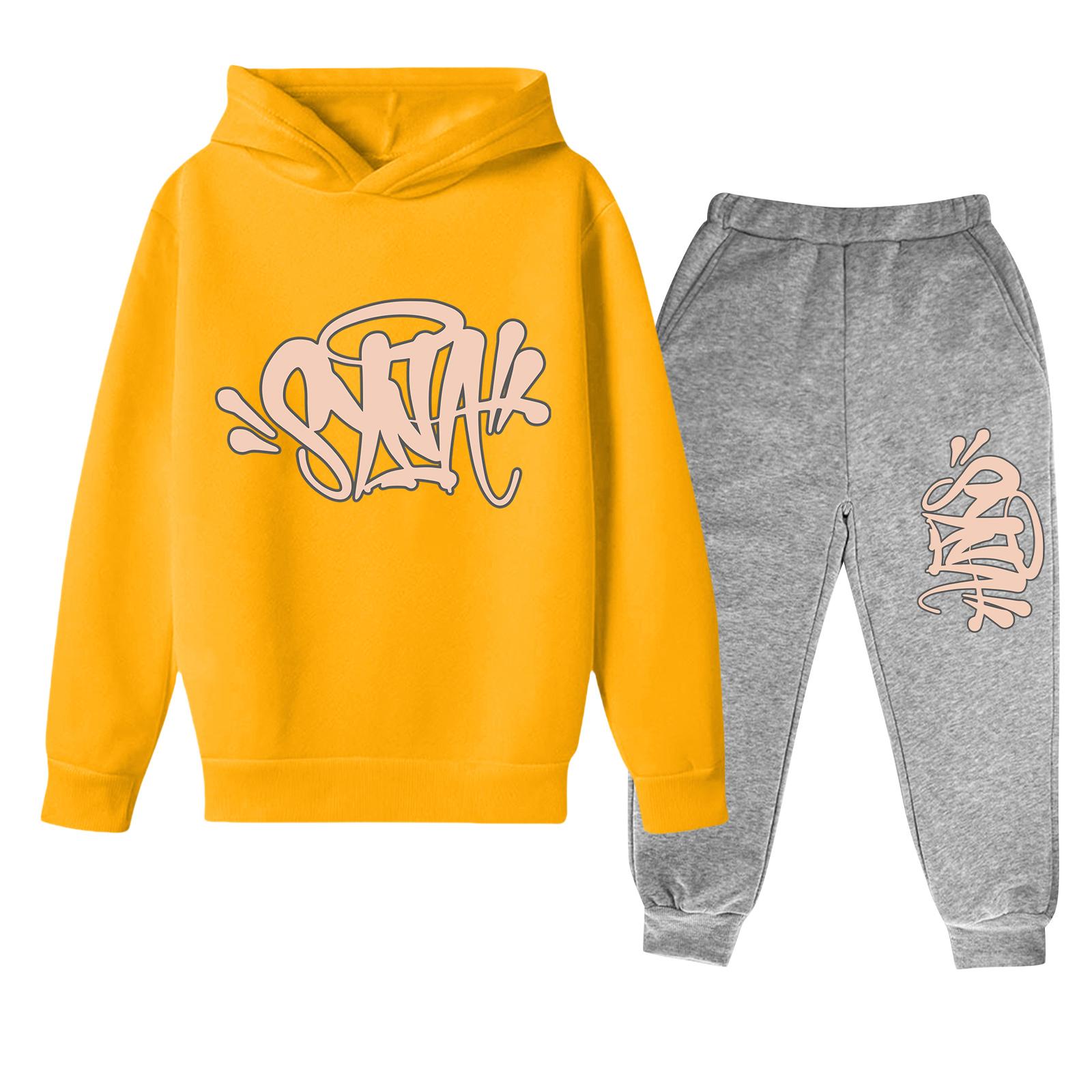 Kids  Long Sleeve Loose Pullover Letter Print Drawstring Hooded Sweatshirt Set 160 жёлтый