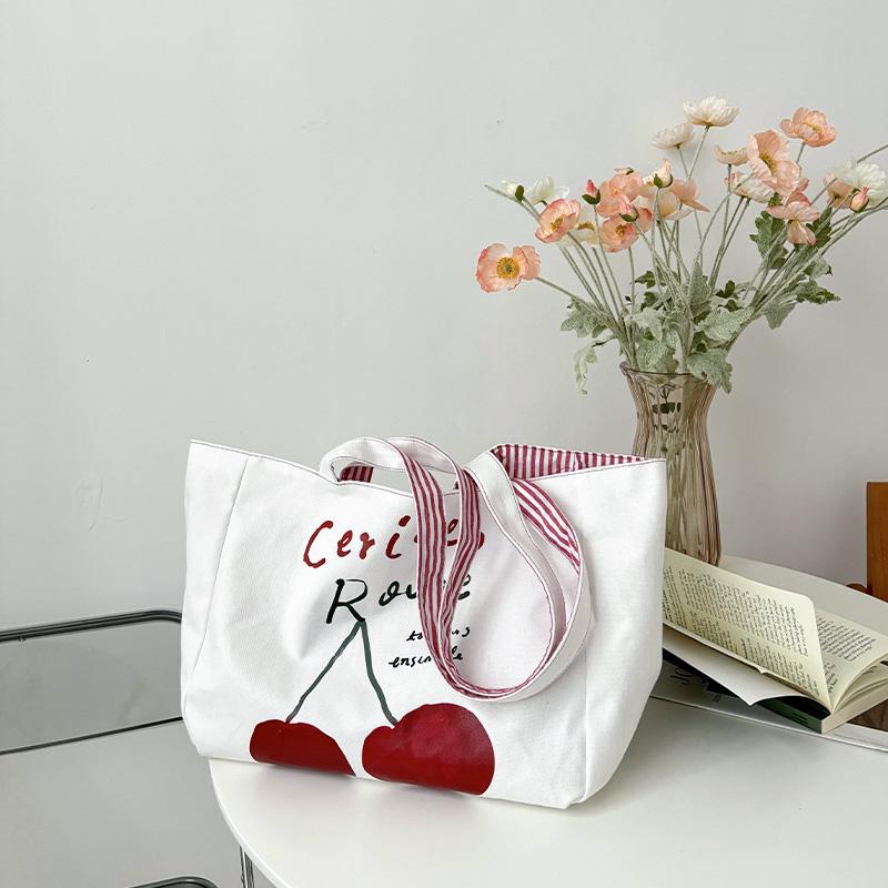 Reversible Design Women Canvas Shoulder Bag Cotton Cloth Purse Handbag Cherry Red Stripes Large Tote Female Eco Shopping Bags