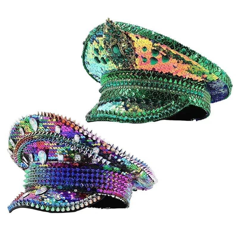 Cappello Punk Colorato Paillettes Strass per Festa Festival Compleanno Matrimonio Sposa Cappello Festa Musicale Cappello da Palco Uomo Donna Cappello da Capitano