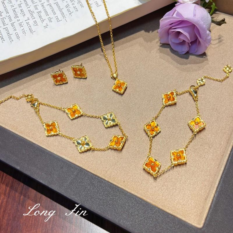 Golden Floral Jewelry Set Women Necklace Bracelet Earrings With Clover Flower Motifs Electroplated Eco Copper Vintage Chic