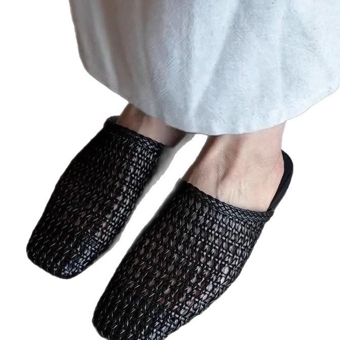 Woven Hollow Bag Head Half Slippers Women's 2025 New Summer Flat Bottom Square Head Fashion Lazy Sandals Women's Outer Wear