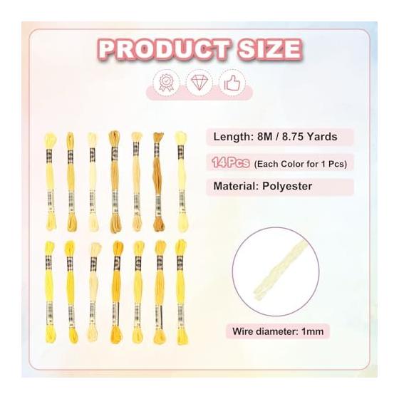 PATIKIL 14pcs Skin Embroidery Thread Polyester Embroidery Thread for Bracelet Cross Stitch Hand Embroidery Multicolor Yellow